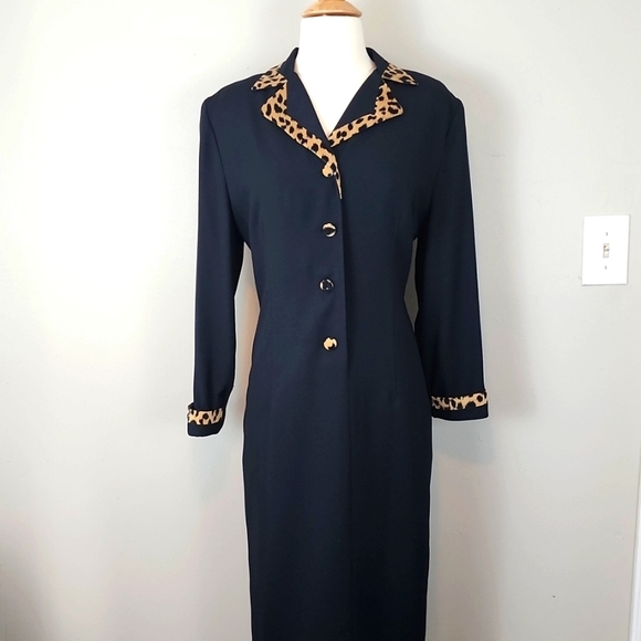 VINTAGE Henry Lee Black Suit Style Dress with Leopard Contrast - Picture 2 of 7